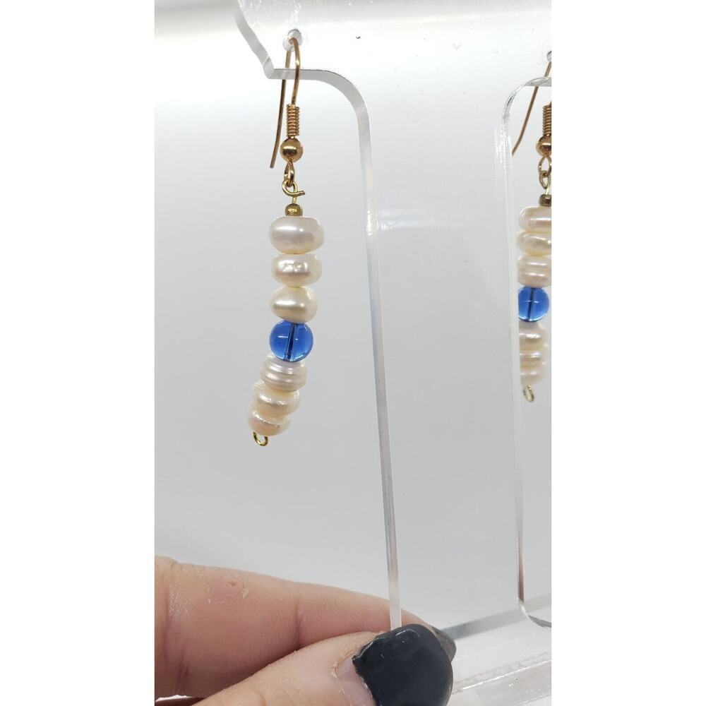 Vintage handmade Genuine Pearl Earrings Long Dangle Freshwater & Blue Glass - Picture 3 of 6